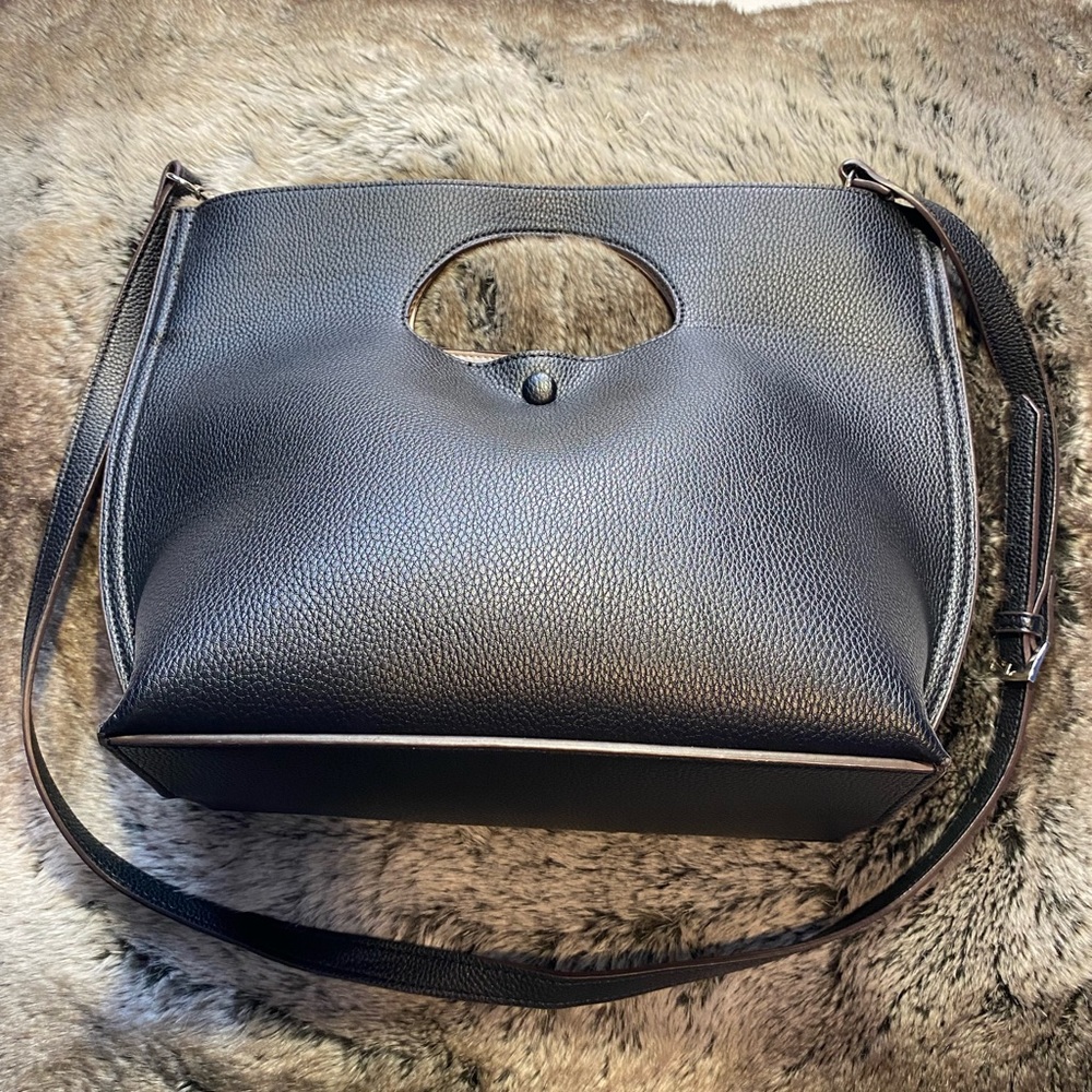Sondra Roberts Squared Crossbody W/Cutout Handle, Pebbled Black Vegan Leather.